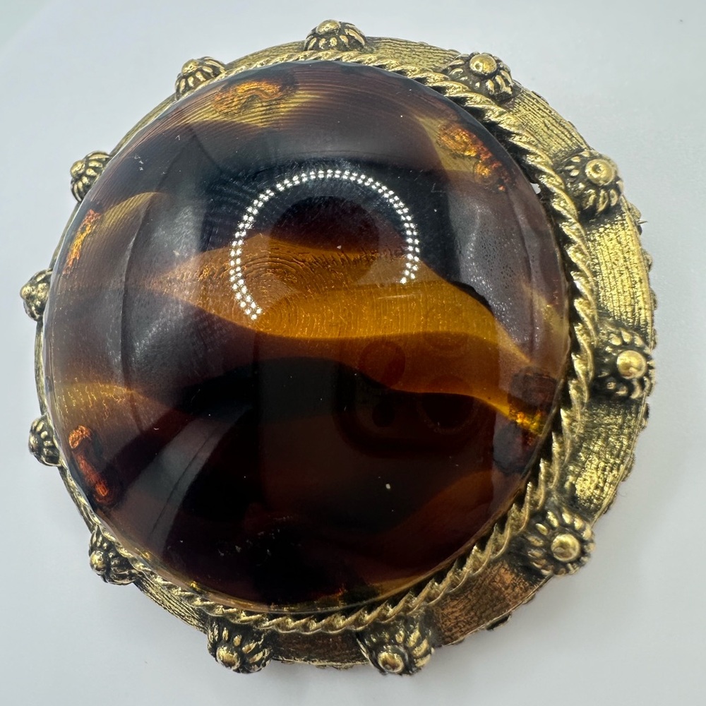 Original by Robert Gold tone massive Amber brown glass cabochon brooch pendant - Picture 2 of 9